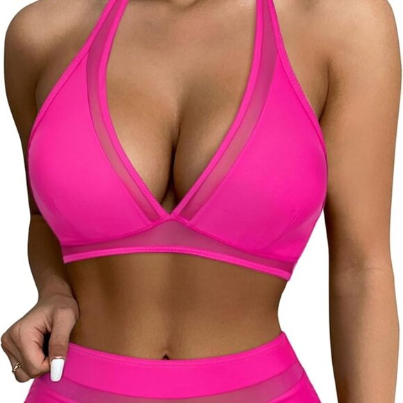 SUUKSESS Women Sexy High Waist Bikini Sets Mesh Tummy Control 2 Piece Swimsuit - Picture 2 of 6
